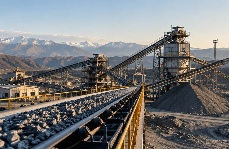 Illustrative mineral processing conveyors in an industrial landscape